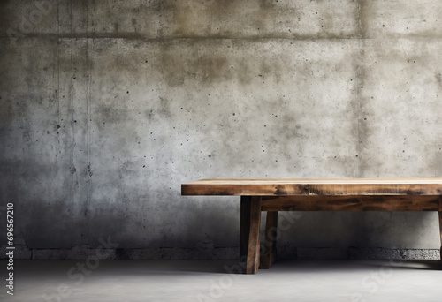 Ancient Wooden Table Against a Blurry Cement Wall in a Dimly Lit Room