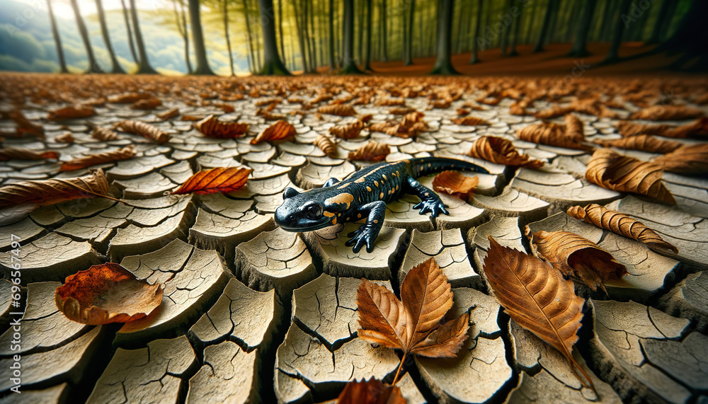 A salamander on dry earth and in a forest habitat that shows signs of climate change, such as unusually dry foliage and the absence of a usual water source A salamander on dry earth and in a forest habitat that shows signs of climate change, such as unusually dry foliage and the absence of a usual water source