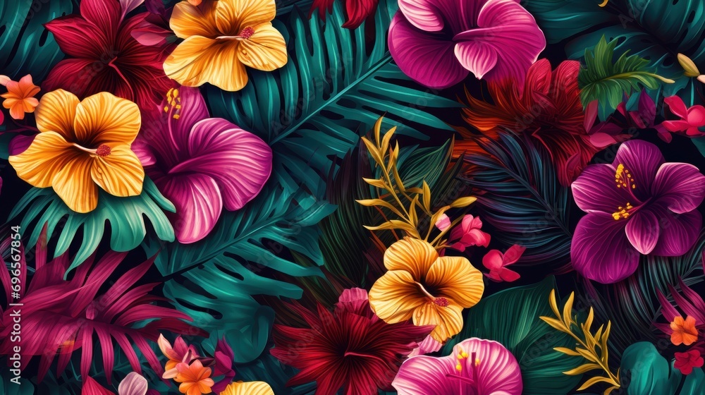 a bunch of flowers that are on top of a green leafy background with red, yellow, and pink flowers. a bunch of flowers that are on top of a green leafy background with red, yellow, and pink flowers.