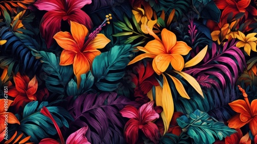 a close up of a bunch of flowers on a surface with leaves and flowers on the bottom of the image.