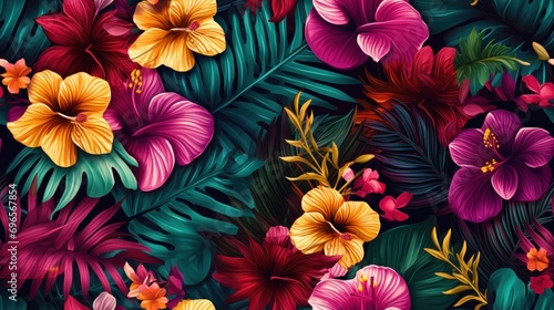  a bunch of flowers that are on top of a green leafy background with red, yellow, and pink flowers.