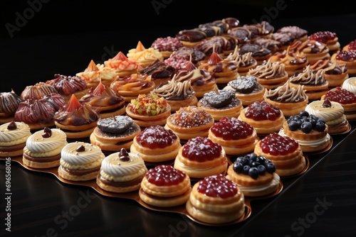 Desserts with fruit pies and berries such as mousses, pastries, cakes, jellies, ice cream,close-up © Iuliia