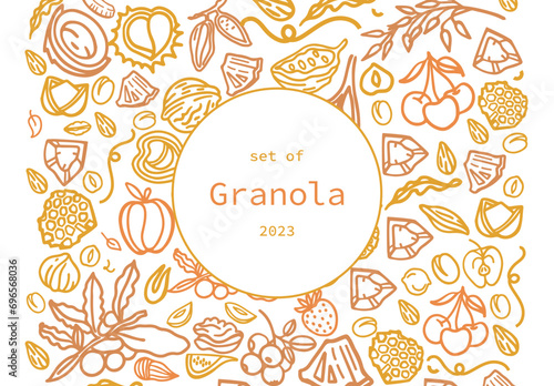 Granola hand drawn vector set. Crunches. Oats with fruits, berries, nuts, cocoa, tasty cereal ingredients.	