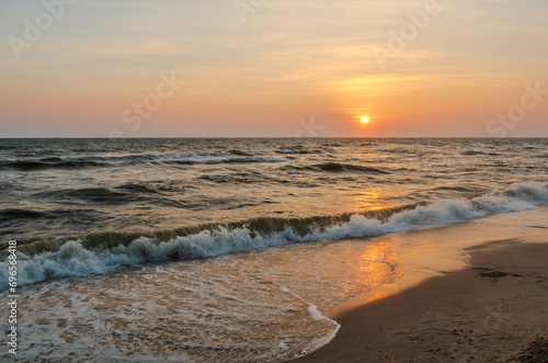 Landscape horizon viewpoint panorama summer sea beach nobody wind wave cool holiday calm coastal sunset sky light orange golden evening day time look calm nature tropical beautiful ocean water travel