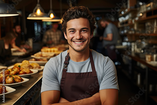 Smiling small business owner in an apron stands behind a counter with plates of food and looks at camera photo