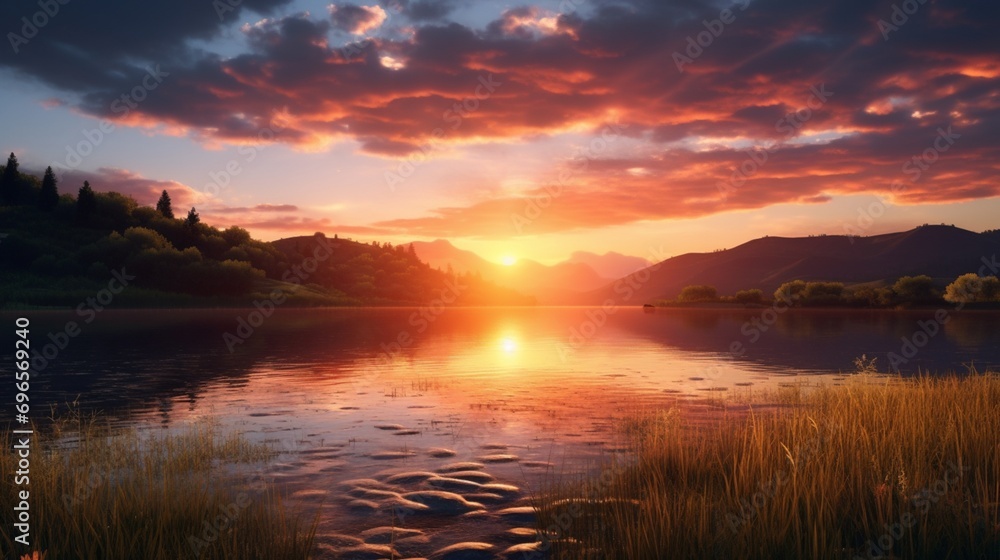 Serene sunset casting warm hues over a tranquil lake surrounded by lush, rolling hills.