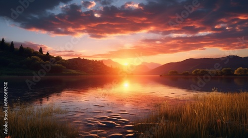 Serene sunset casting warm hues over a tranquil lake surrounded by lush, rolling hills. © Amazing-World