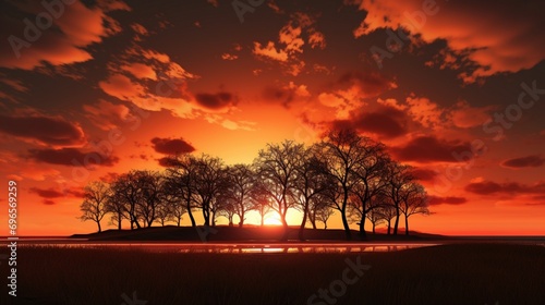 Silhouetted trees against a fiery sky as the sun sets behind a tranquil countryside landscape.
