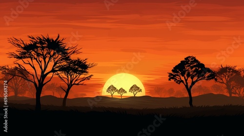 Silhouetted trees against a fiery sky as the sun sets behind a tranquil countryside landscape. © Amazing-World