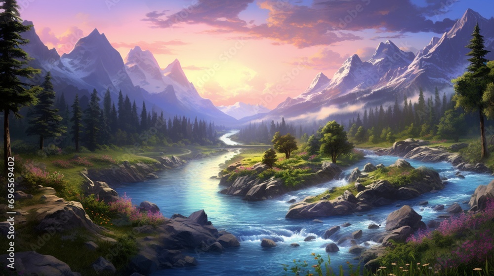 Tranquil river winding through a lush valley, bathed in the soothing colors of twilight.