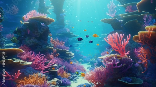 Tranquil underwater realm with vibrant coral reefs  inhabited by fantastical sea creatures.