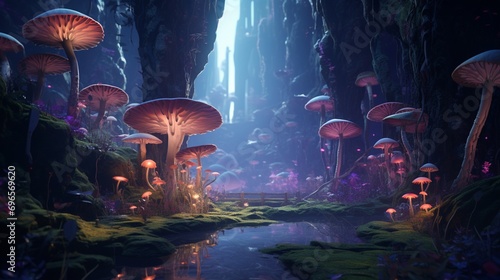 Whimsical canyon filled with giant, luminescent mushrooms casting a soft glow in the moonlight.