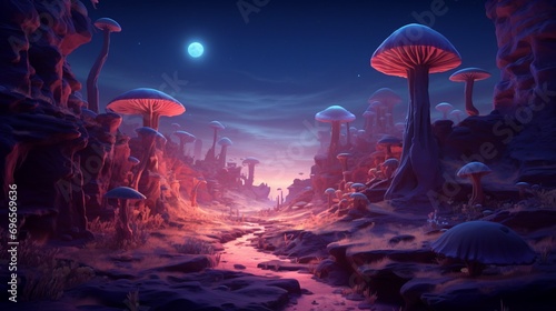 Whimsical canyon filled with giant, luminescent mushrooms casting a soft glow in the moonlight.