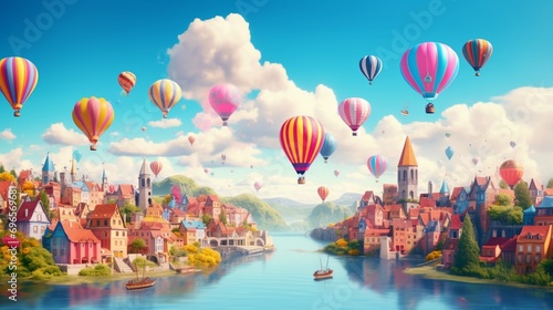 Whimsical floating cityscape with levitating structures and colorful hot air balloons drifting in the sky.