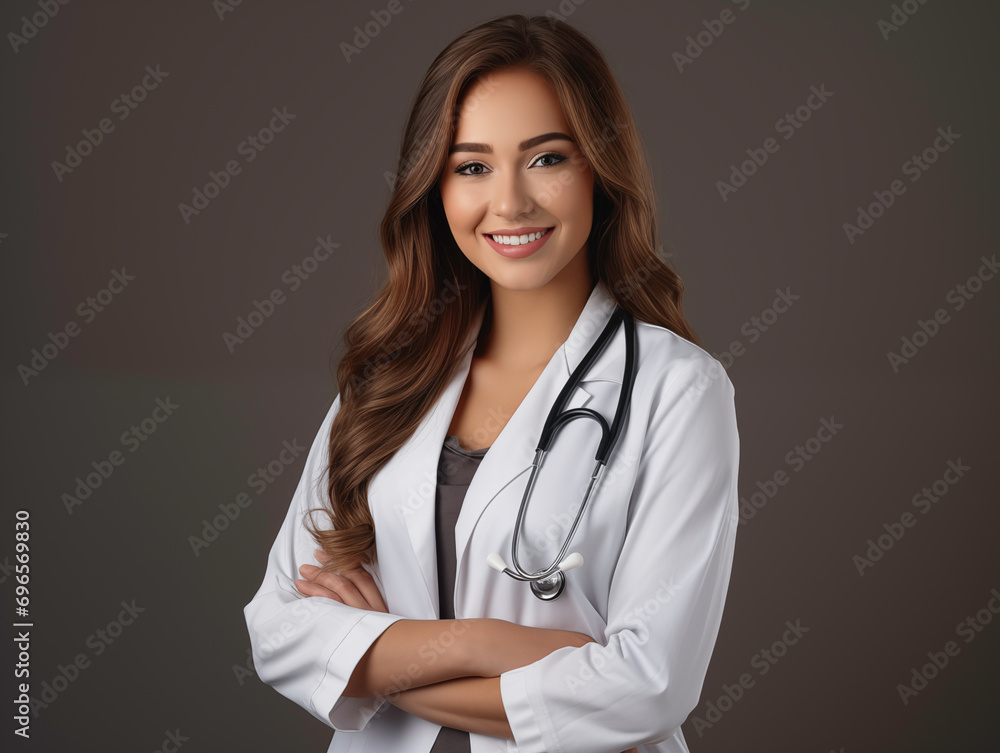 Profil atrakcyjnego młodego lekarza ubranego w biały fartuch medyczny ręce skrzyżowane, stetoskop, uśmiechnięty szary kolor tła  - obrazy, fototapety, plakaty 