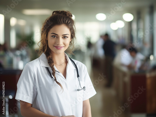 Portret pięknej kobiety, lekarz uśmiechnięta, biały fartuch, stetoskop, szpital w tle
