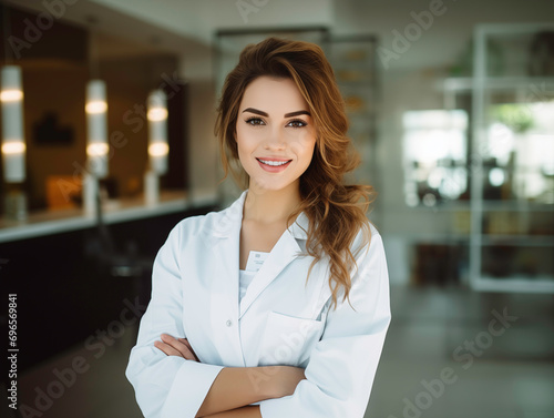 Portret pięknej kobiety, lekarz uśmiechnięta, biały fartuch, stetoskop, szpital w tle