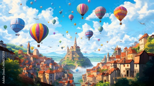 Hot air balloons over the village