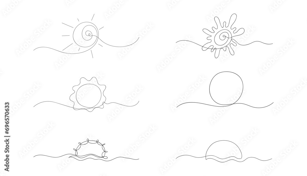 Set of abstract a sun drawn by one line. Sketch. Continuous line drawing simple art. Creative vector illustration in minimalist style. Set of abstract a sun drawn by one line. Sketch. Continuous line drawing simple art. Creative vector illustration in minimalist style.