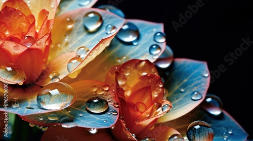  a close - up of a flower with water droplets on it's petals and petals in the foreground.