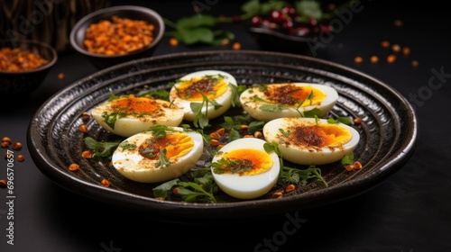  a plate of deviled eggs with garnishes of herbs and seasoning on top of the eggs.
