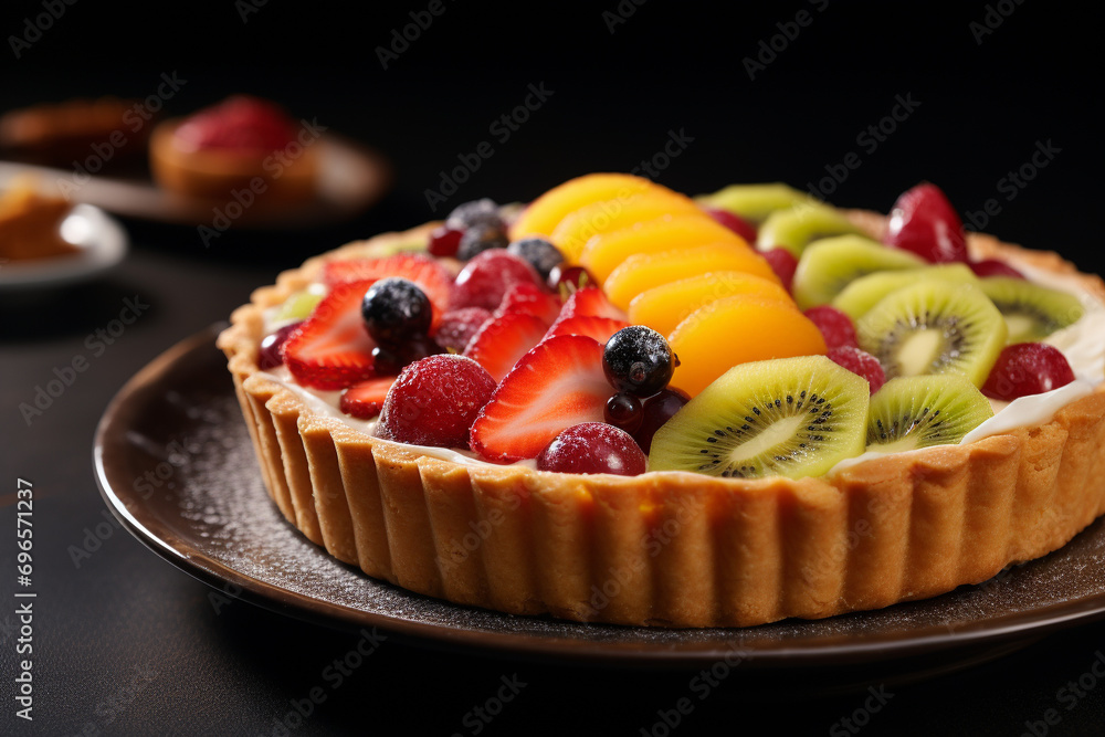 A freshly made fruit tart with a glossy fruit topping and a crisp pastry base. 8k,