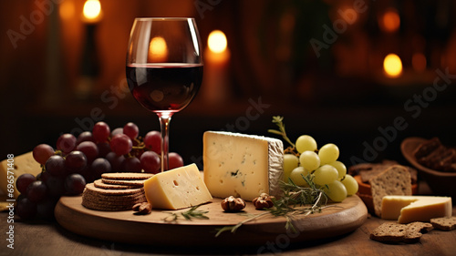 A glass of red wine next to a cheese platter, with a focus on the textures and colors. 8k,