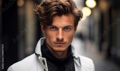 Handsome Young Man with Piercing Blue Eyes and Styled Hair, Exuding Confidence and Modern Elegance