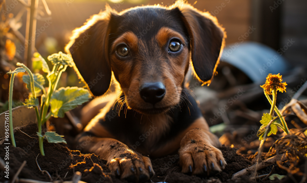 Inquisitive Dachshund puppy with soulful eyes lying down on a garden path during golden hour, exuding charm and warmth