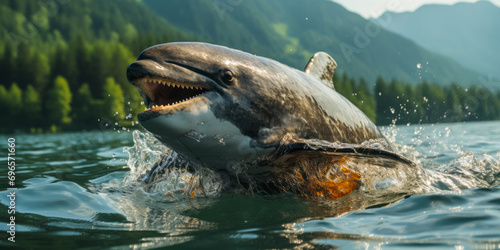 Graceful Dolphin Leaping Joyfully in Mountain Lake with Splashing Water