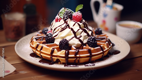 A plate of Belgian waffles with chocolate syrup and whipped cream, in a cozy cafe. 8k,