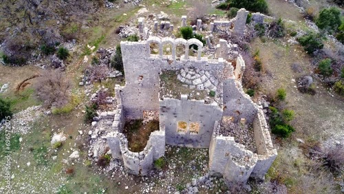 Drone reveals Okuzlu ruins archeology of basilica, ancient techniques. Aerial archeology Okuzlu's basilica, historic craftmanship. Unveiling archeology Okuzlu ruins and basilica from the sky photo