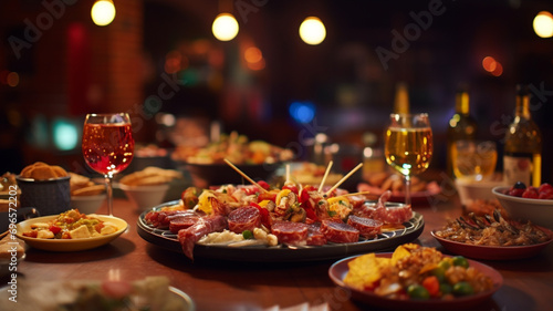 A platter of assorted tapas, with a focus on the variety and presentation, in a Spanish bar. 8k,