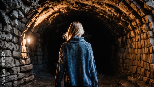 A girl walks through a tunnel. Traveling underground. Young woman walking through the tunnel. Confident girl walking forward.