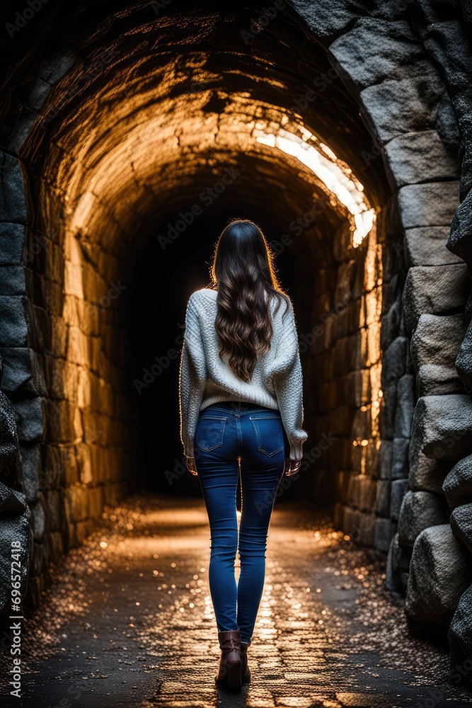 A girl walks through a tunnel. Traveling underground. A young woman is walking through the tunnel.