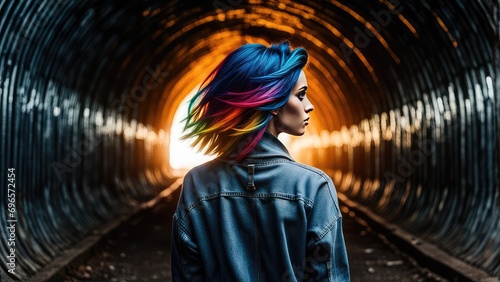 A girl walks through a tunnel. Traveling underground. A young woman is walking through the tunnel.