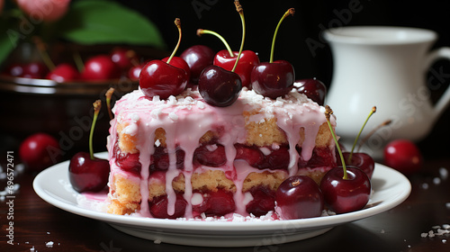 Board with tasty cherry cake on table. Delicious Black Forest Cherry Cake. 