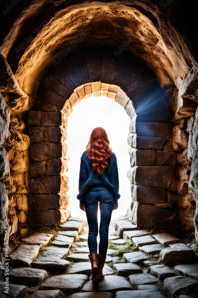 A girl walks through a tunnel. Traveling underground. A young woman is walking through the tunnel. Confident girl walking forward.