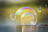 Floating soap bubbles on a blurred backdrop