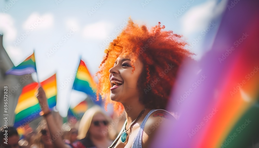 Obraz premium Cheerful 25-Year-Old Woman Marching in LGBT Parade