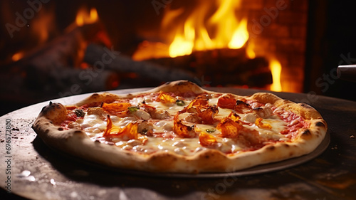 An artisanal pizza with melted cheese and fresh toppings, emerging from a brick oven. 8k,