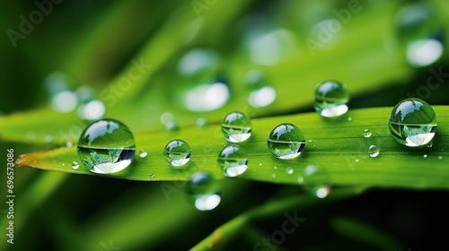 a close up of a green leaf with drops of water on the blade of the plant in the foreground.