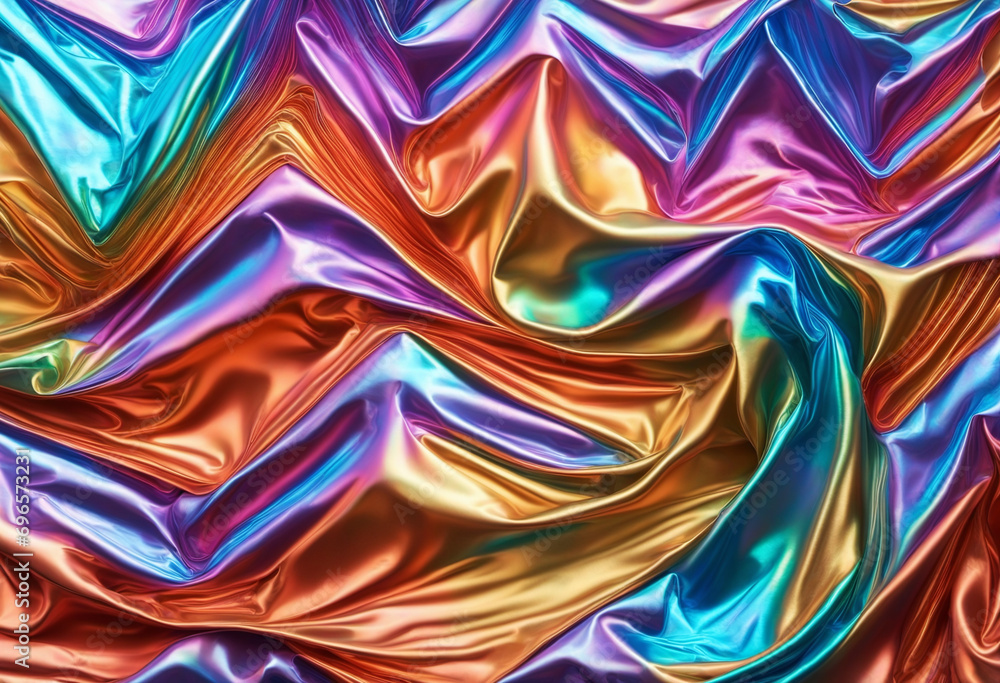 Fototapeta premium Mermaid foil texture background with holographic iridescence and rainbow colors. Trendy futuristic aquamarine neon hues.