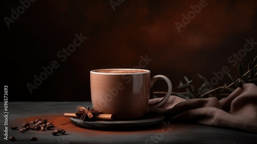  a cup of coffee sitting on top of a table next to a pile of cinnamons and a sprig of leaves.
