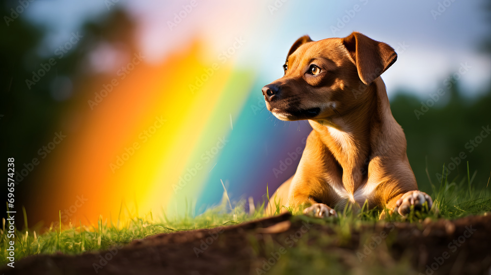 Obraz premium Contemplative Puppy with Rainbow Sunset Background in Nature