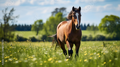 Majestic Horse Galloping in Sunny Flower Meadow