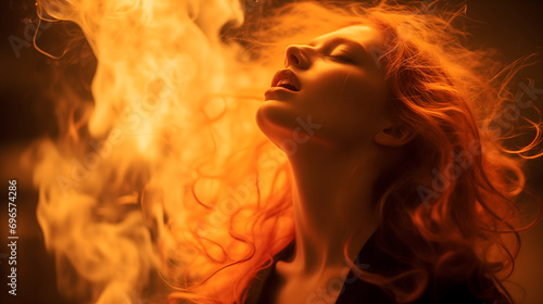 Fiery Redhead Woman with Flames Background