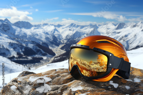 Ski helmet and goggles with reflection of mountains against the backdrop of scenic snowy mountain tops. Winter ski and snowboarding vacation concept. photo