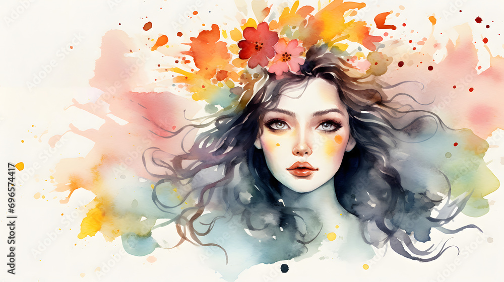 Watercolor Portrait of a Young Woman with Floral Accents