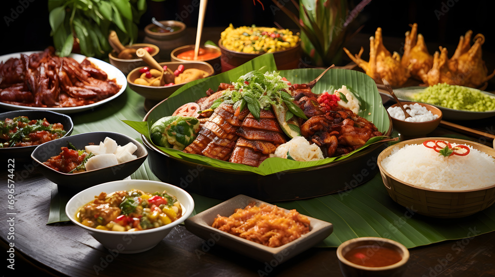 Traditional Asian Cuisine Spread with Various Dishes